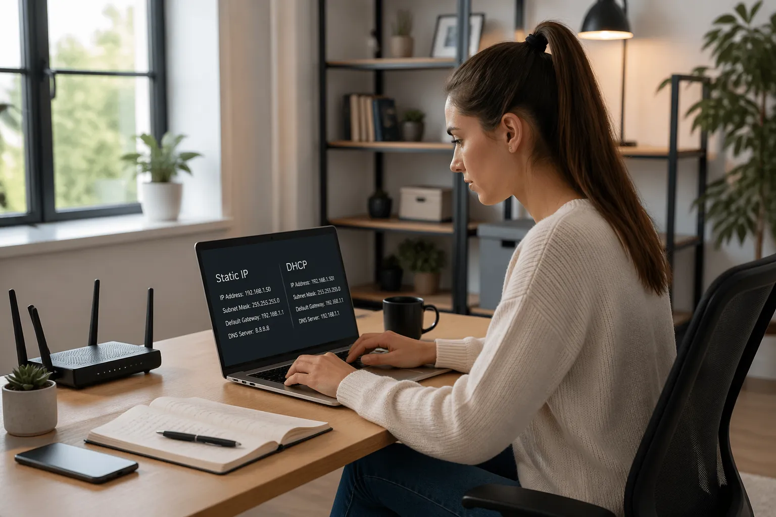 A young woman working on her laptop in a home office, focused on network settings related to Static IP and DHCP.