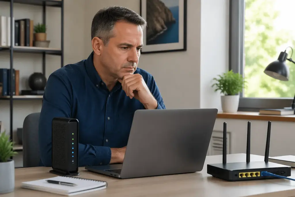 A man at a home office desk examining network settings on a laptop, with a router and modem visible in the background.