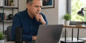 A man at a home office desk examining network settings on a laptop, with a router and modem visible in the background.