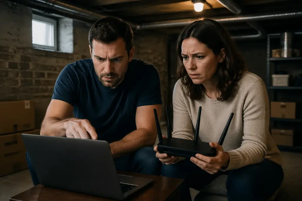 A man and a woman troubleshooting Wi-Fi issues in a basement, with a laptop and a Wi-Fi router.