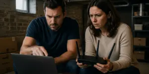 A man and a woman troubleshooting Wi-Fi issues in a basement, with a laptop and a Wi-Fi router.