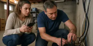 A man and a woman troubleshooting a Wi-Fi router in a basement, with the man inspecting cables and the woman checking signal strength on her smartphone.