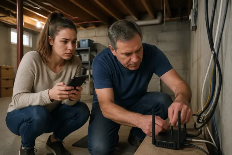 A man and a woman troubleshooting a Wi-Fi router in a basement, with the man inspecting cables and the woman checking signal strength on her smartphone.