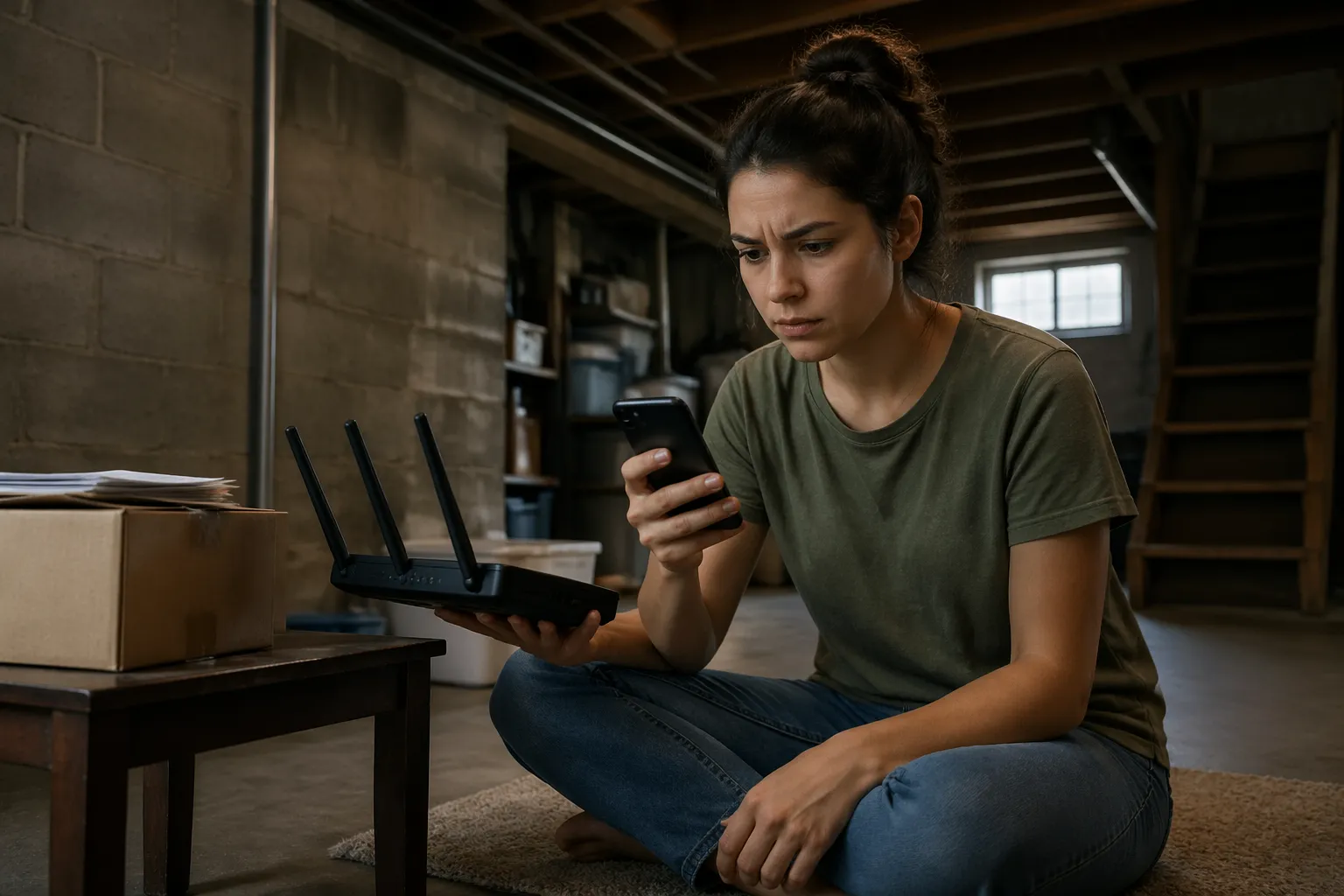 A young woman in a basement checking her smartphone for Wi-Fi signal while examining a router