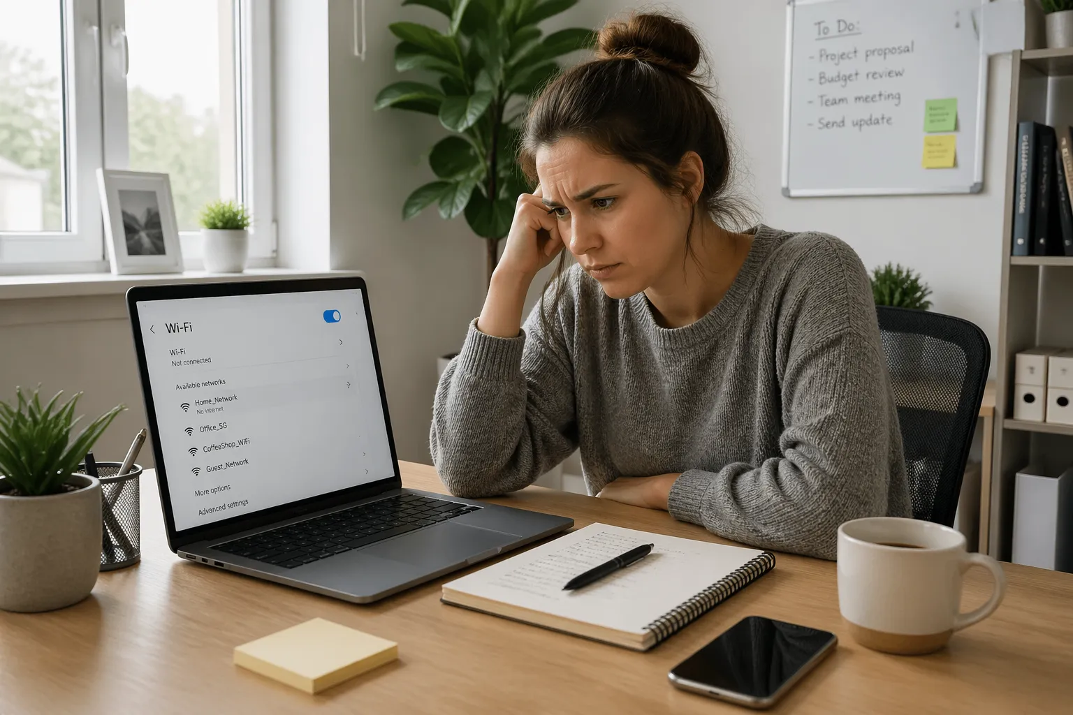 A young woman troubleshooting Wi-Fi problems on her laptop at a home office desk.