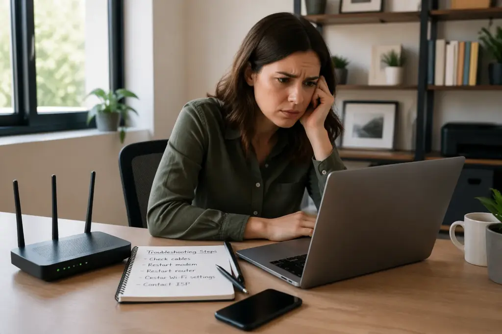 A woman frustrated with her laptop while troubleshooting Wi-Fi issues in a home office.