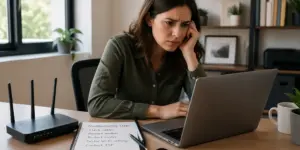 A woman frustrated with her laptop while troubleshooting Wi-Fi issues in a home office.