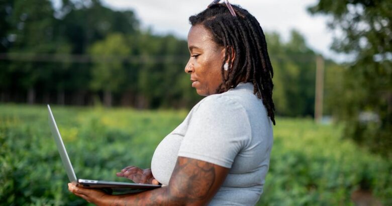 Woman using a laptop in a field
