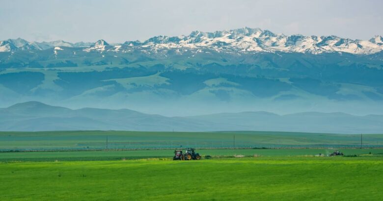 A tractor in a green field with snow-capped mountains.